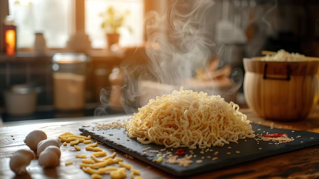 A steaming pile of noodles on a wooden table, surrounded by eggs and sesame seeds. photo