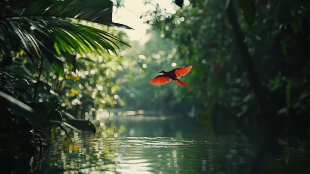 A red bird flying over a river in the jungle photo