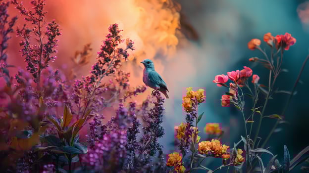 A bird is perched on top of some flowers photo