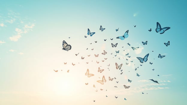 Butterflies flying in the sky with sun in the background photo