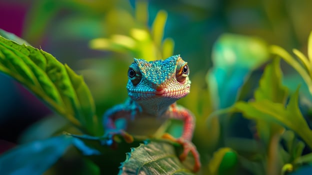 A lizard is sitting on top of some green leaves photo