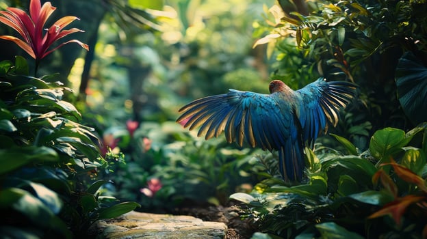 A blue parrot is flying through the jungle photo