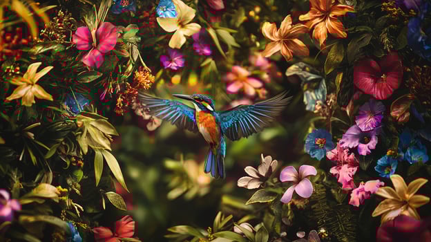 A colorful bird flying through a colorful garden photo