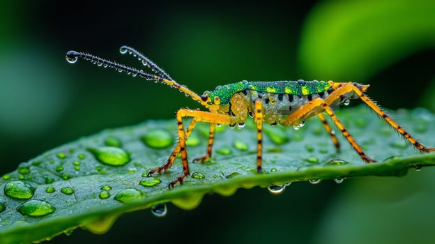 A bug with green and yellow stripes sitting on a leaf photo