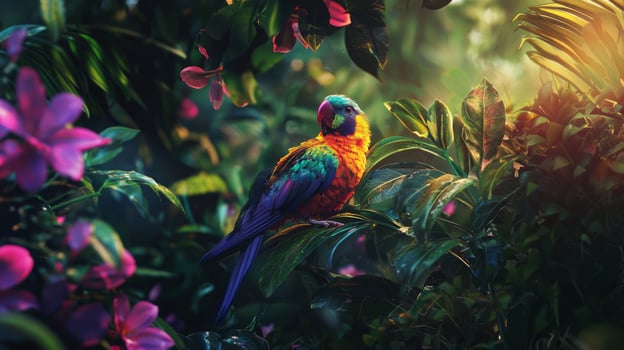 A colorful bird is sitting on a branch in the jungle photo