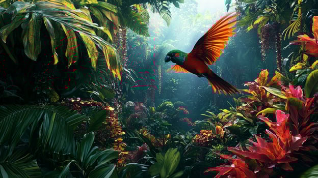 A parrot flying through the jungle photo