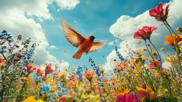 A bird flying over a field of flowers photo