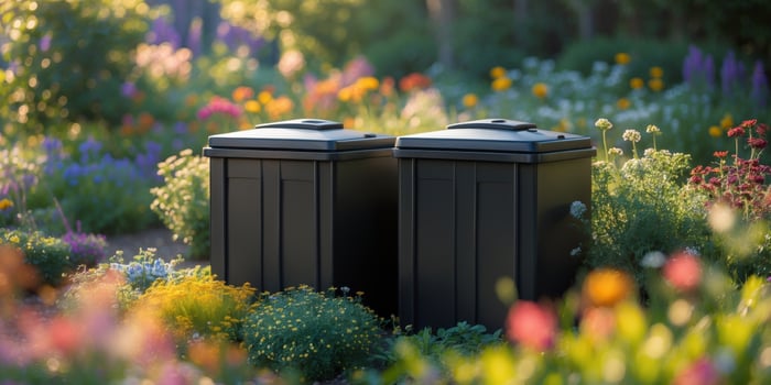 Two trash cans in a garden with flowers photo