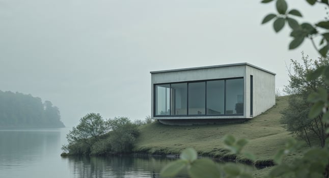 A small house sits on the edge of a lake photo