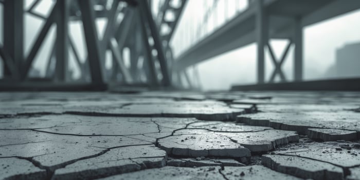Cracked Concrete Surface in Abandoned Urban Landscape with Blurred Bridge Structure photo