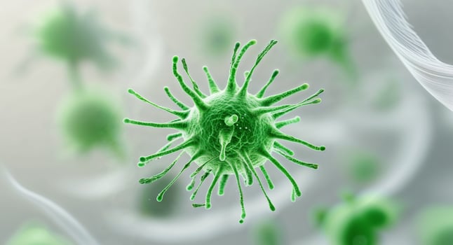 A green virus is shown in the middle of a white background photo