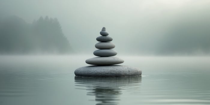 Calm Serenity Stack of Smooth Stones by Tranquil Waters in Soft Misty Landscape Background photo