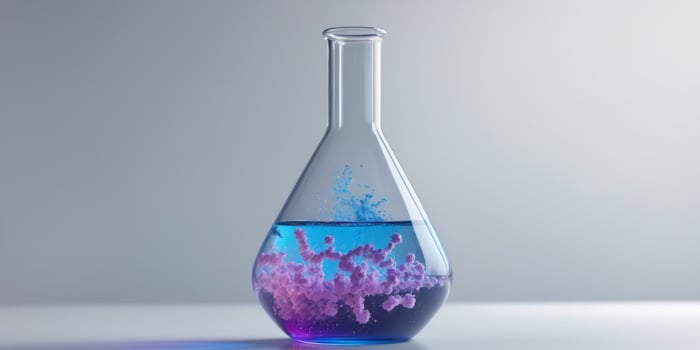 Blue Laboratory Flask with Chemical Liquids and Particles Reflecting Advanced Research Concepts in Science and Medicine photo