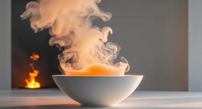 Steam rising from a bowl with flame indoors photo