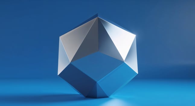 Abstract Geometric Silver Icosahedron on Blue Background. photo