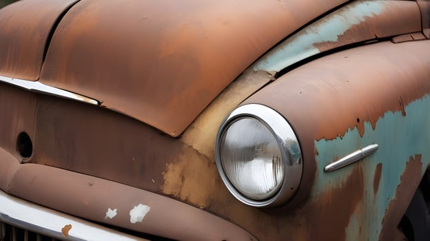 A high-resolution macro of an old cars cracked paint exposing corroded metal. photo