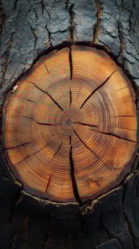 Detailed view of a cross section of a tree trunk showing growth rings and texture in natural lighting photo