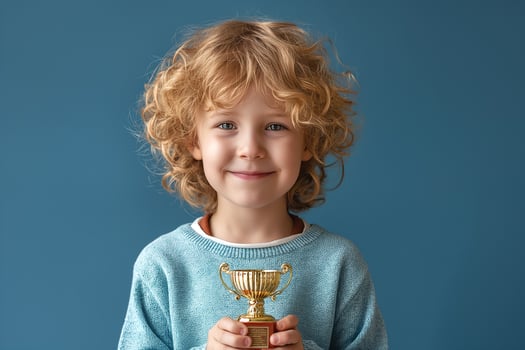 Happy young boy with curly hair proudly holding a small golden trophy against a blue background. photo