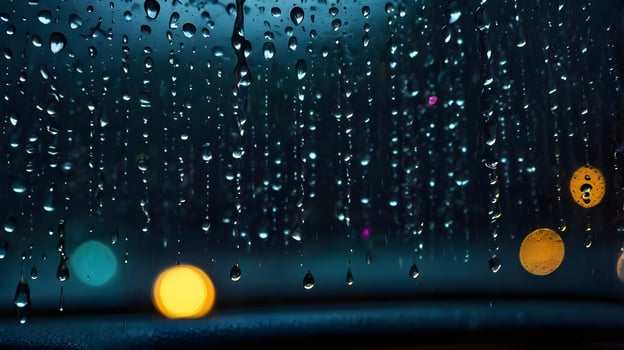 A close-up view of raindrops on a windshield under the soft glow of night. photo