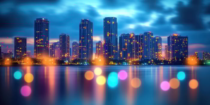 City skyline shimmering at dusk with vibrant lights reflecting on water photo