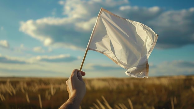 Hand holding a white flag in a wheat field against a blue sky. Symbol of peace, surrender, freedom, or hope photo