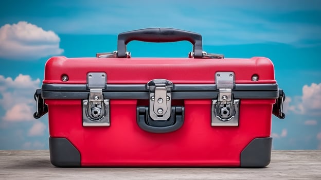 Red Plastic Toolbox On Weathered Wood Against A Blue Sky photo