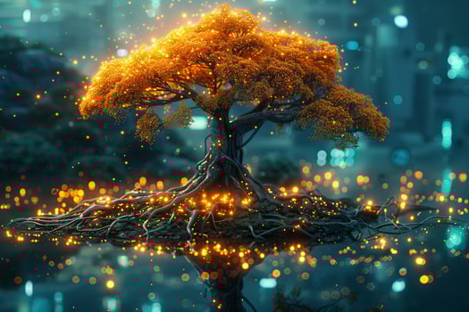 An orange tree with glowing lights on it photo