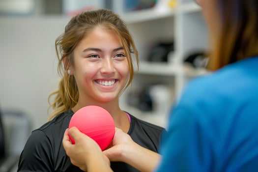 A woman is smiling while holding a pink ball photo