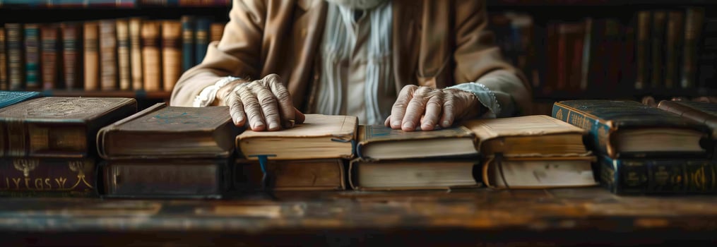 An old man sitting at a table with books photo