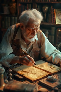 An old man is writing on a book photo