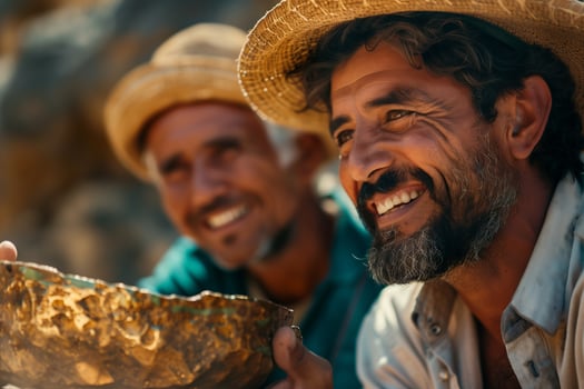 Two men in straw hats smiling and holding a bowl photo