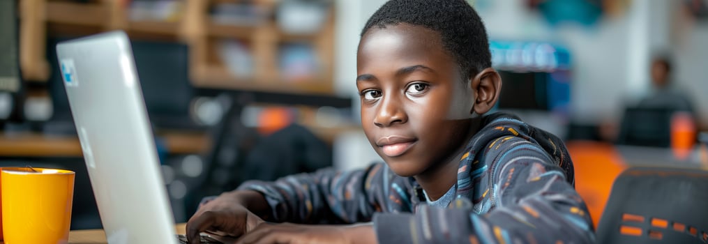 A young boy is sitting at a desk with a laptop photo