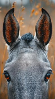 Close-up of a grey horse gazing calmly in a golden grass field during a tranquil afternoon photo