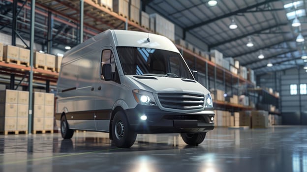 White delivery van inside a spacious warehouse with shelves and boxes. modern logistics setting for transportation photo