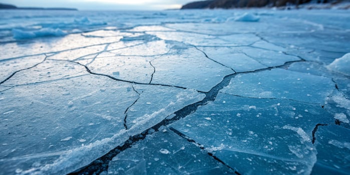 A closeup of cracked ice with deep, jagged fissures, showing cold blue hues , trapped air bubbles. photo
