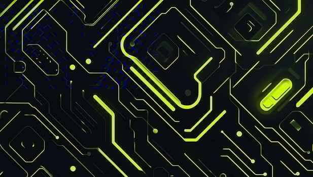 Abstract circuit board design with glowing green lines on a dark background. photo