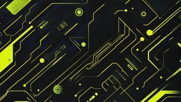 Abstract digital circuit design with neon green elements on a dark background. photo