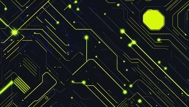 Abstract digital circuit design with neon green elements on dark background. photo