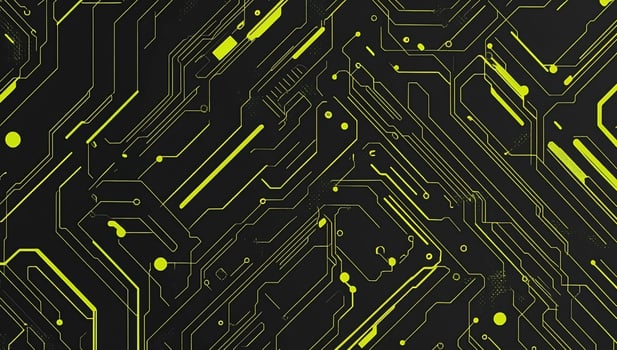 Abstract circuit board design with neon yellow lines on a black background. photo