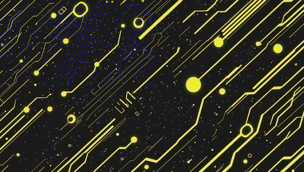 Abstract digital design featuring yellow lines and circles on a black background. photo