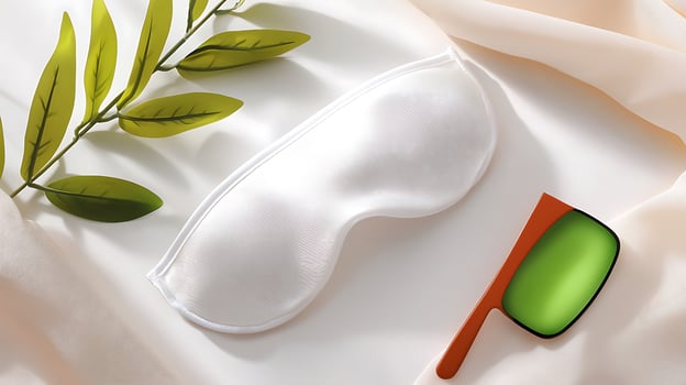 Relaxing scene with a white sleep mask and green sunglasses on soft fabric with leaves photo