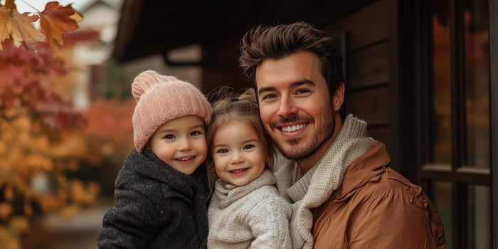 Smiling father enjoys autumn day with daughters amid colorful falling leaves in a cozy neighborhood photo