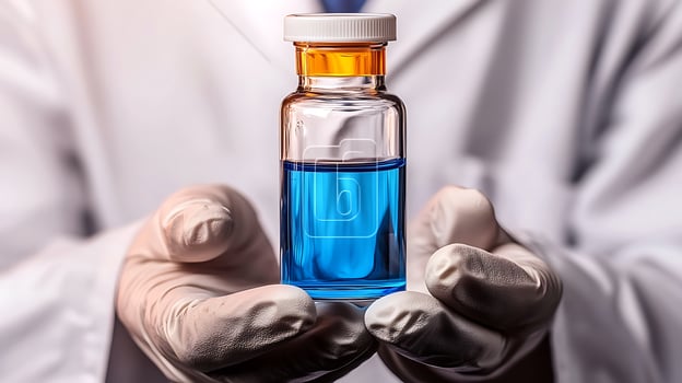 Scientist in a lab holding a blue liquid-filled vial, showcasing research and innovation photo