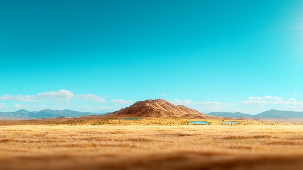 Serene desert landscape featuring a distant mountain under a clear blue sky with ponds photo