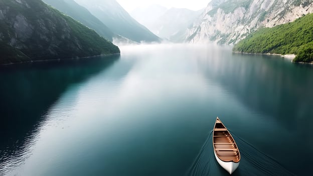 Serene lake view with a single canoe gliding through calm waters surrounded by misty mountains photo