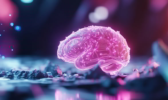 A glowing, digital representation of a brain amidst a vibrant background. photo