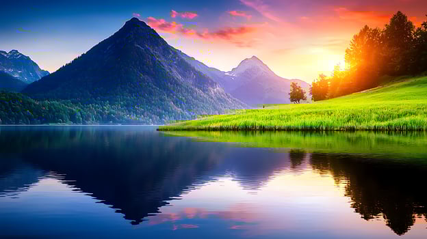 Serene mountain landscape at sunset with vibrant reflections on a calm lake photo