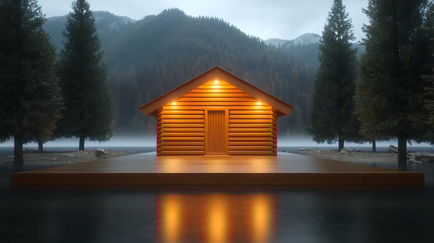 Serene wooden cabin on a reflective lake, surrounded by tall trees and misty mountains at dusk photo