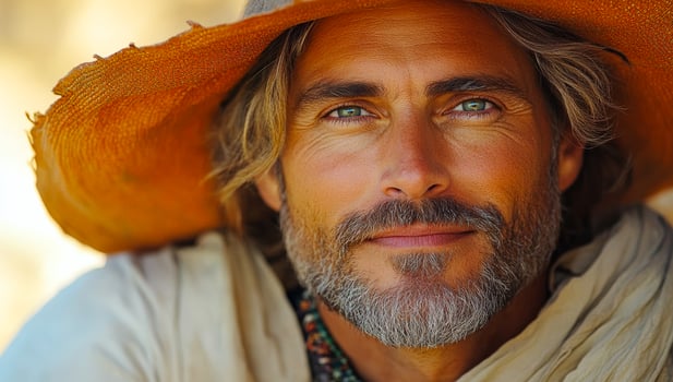 A man with a beard and a hat is smiling. He has a green eye. The hat is orange photo