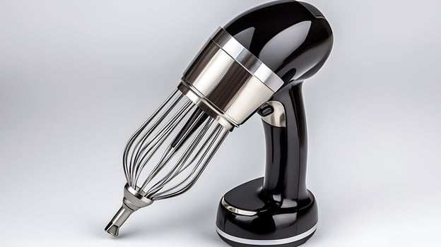Sleek black electric mixer with stainless steel whisk, showcasing modern kitchen technology on a neutral backdrop photo
